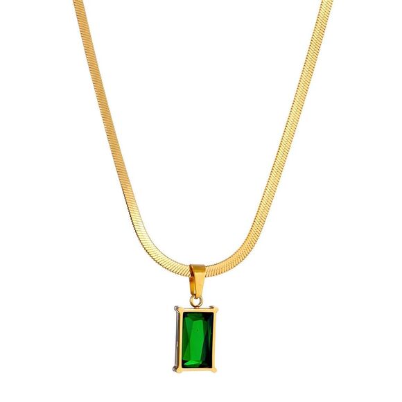 18K Gold Plated Stainless Steel Necklace Emerald Look Waterproof Hypoall… - Picture 1 of 11